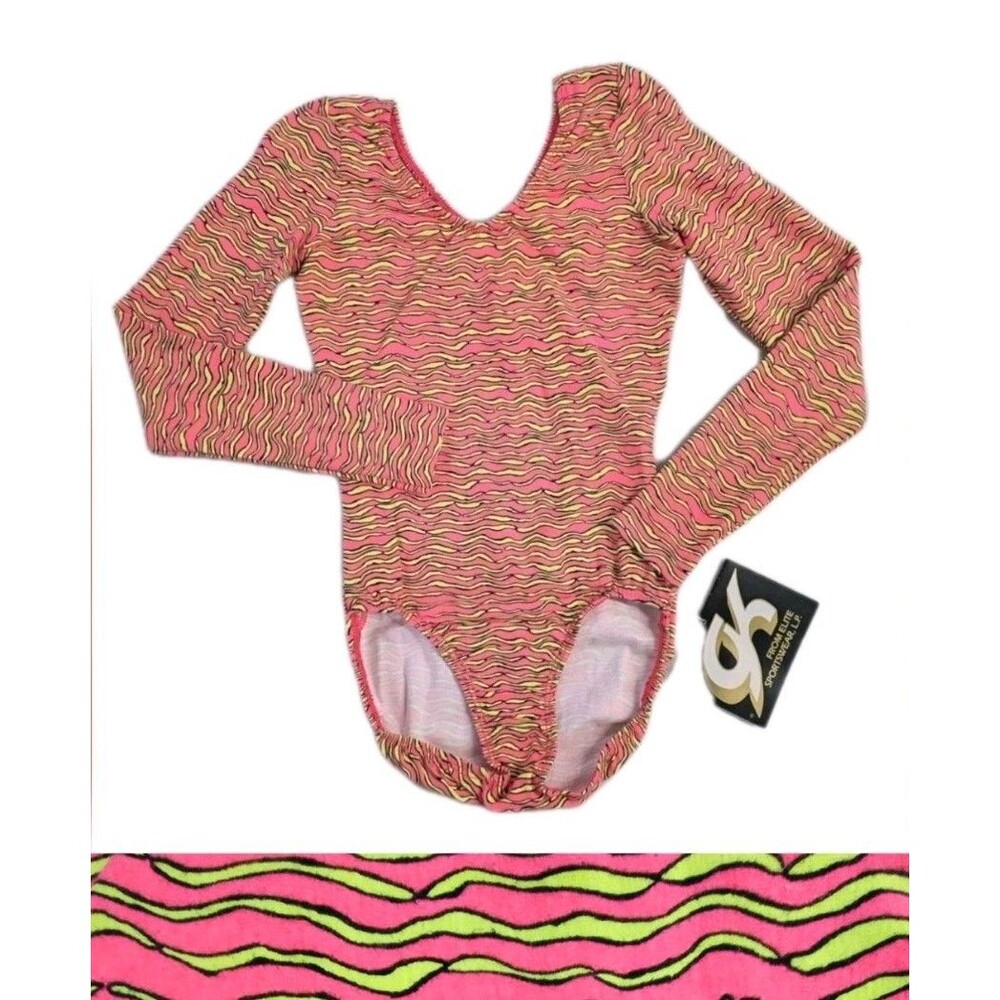 GK Elite VTG 90s Neon Zig Zag Zebra LS Cotton Leotard Bodysuit Pink AXS Adult XS